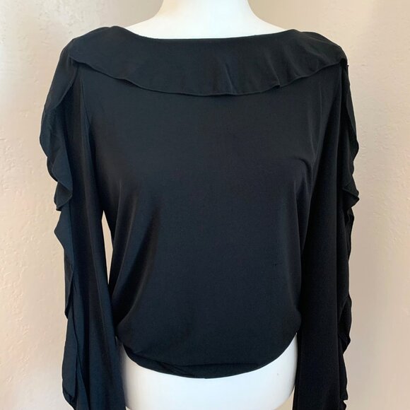 ANN TAYLOR Black Cold Shoulder Boatneck Ruffle Long-Sleeve Blouse Medium - Picture 5 of 7